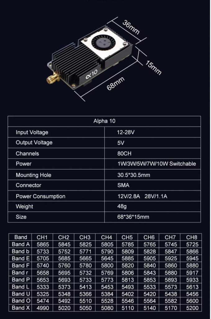 4.9G 5.8GHz FPV VTX 10W AKK Alpha 10 80CH 10 Watt Drone Video Transmitter TBS 1